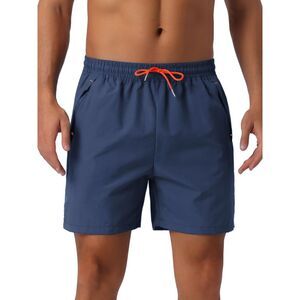 Summer Elastic Waist Drawstring Mesh Lining Swimming Beach Shorts Dark Blue